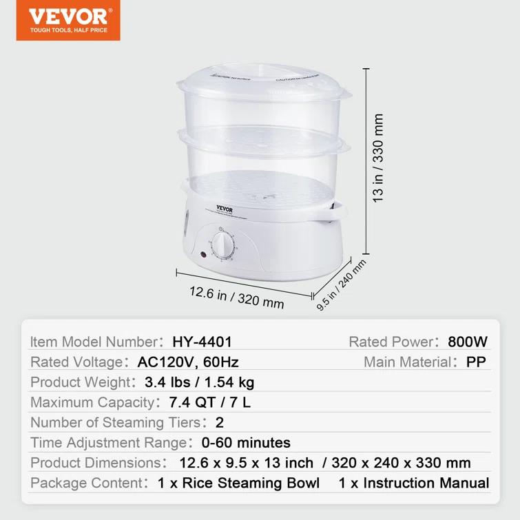 VEVOR VEVOR 7.4Qt Electric Food Steamer 2-Tier Vegetable Steamer & 60 Min Timer 800W