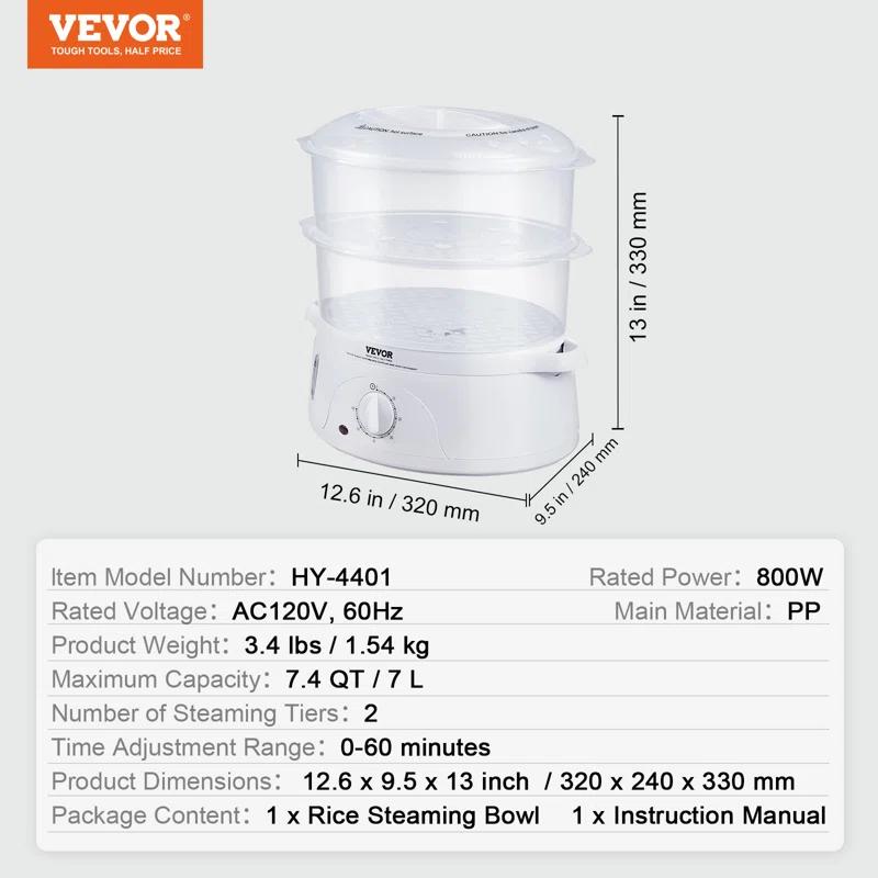 VEVOR VEVOR 7.4Qt Electric Food Steamer 2-Tier Vegetable Steamer & 60 Min Timer 800W