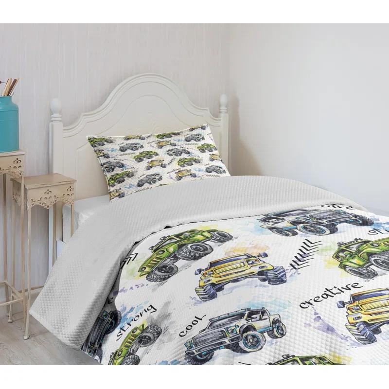 Ambesonne Ambesonne Cars Bedspread Set Hand Drawn Monster Truck Yellow Lavender Blue