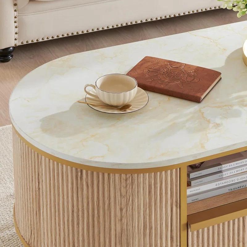 Everly Quinn Modern Fluted Coffee Table, 48" Oval Coffee Table with Drawer,Curved Profile Design,Center Table for Living Room