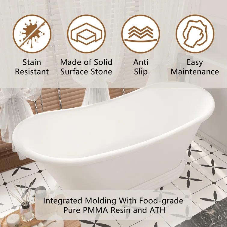 CASAINC Crescent 67.13"x 29.53" Solid Surface Stone Freestanding Soaking Bathtub CA06004S67MW