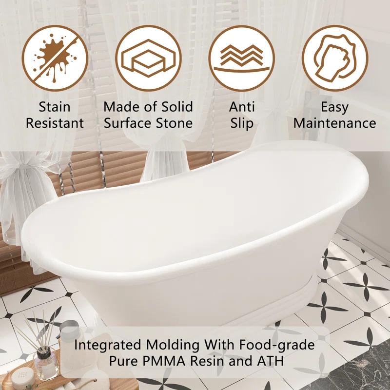 CASAINC Crescent 67.13"x 29.53" Solid Surface Stone Freestanding Soaking Bathtub CA06004S67MW