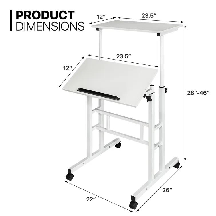 MoNiBloom Mobile Computer Desk, Adjustable Height Laptop Standing Desk with Tilting Tabletop and Monitor Shelf