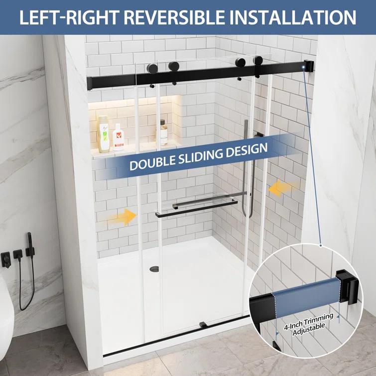 Rizzon 56-60 " W X 76 " H Double Sliding Frameless Shower Door  5/16" Tempered Glass, Stainless Steel Hardware | Wayfair
