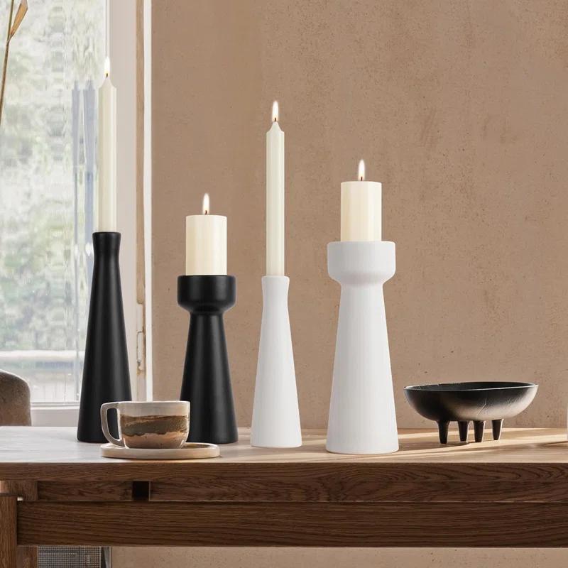 Hokku Designs Candle Holders Ceramic White Taper S&L Set Of 2 Matte Stylish Decorative Candlestick Holders