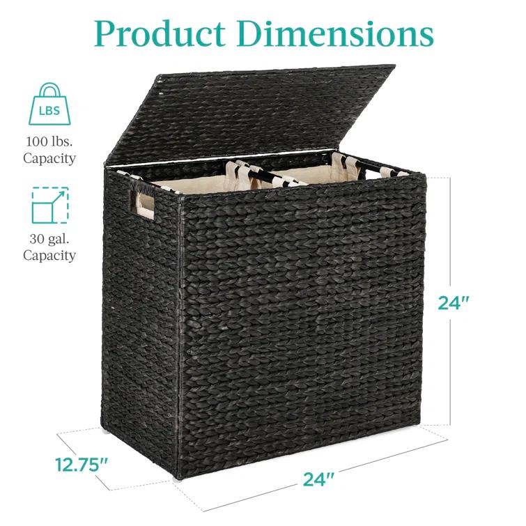 Bayou Breeze Large Water Hyacinth Double Laundry Hamper Basket w/ 2 Liner Bags, Handles