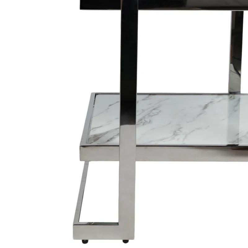 Mercer41 Atli Modern 24" Accent Table with Marble-Look Top, Glass Shelf & Gold Metal Geometric Frame for Living Room or Bedroom