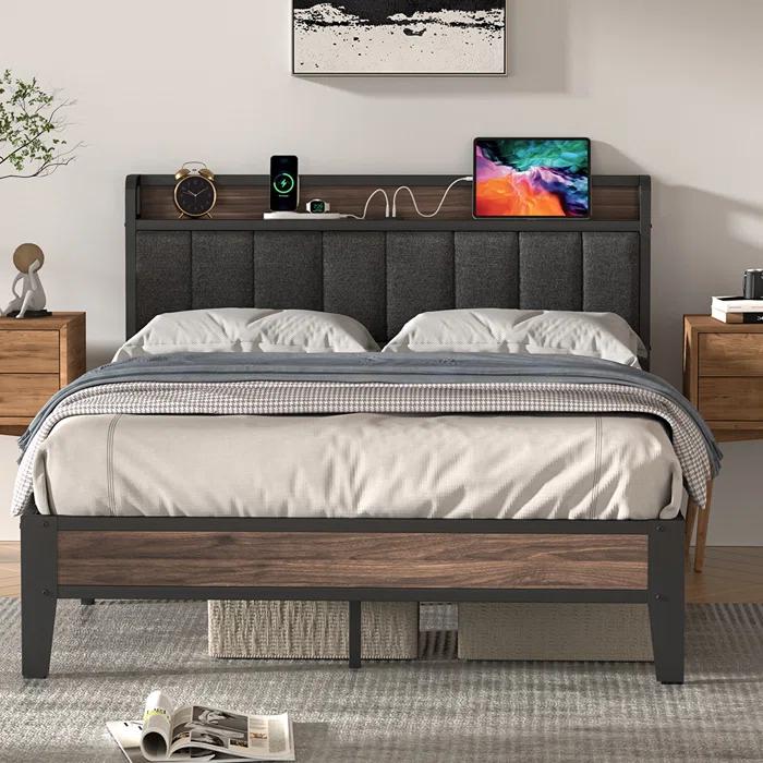 Ebern Designs Upholstered Bed Frame with Charging Station and Storage Headboard