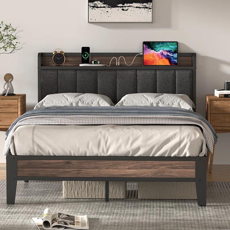 Ebern Designs Upholstered Bed Frame with Charging Station and Storage Headboard