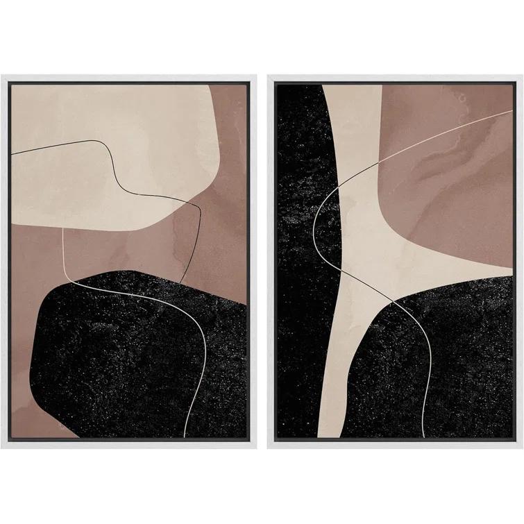 Mid Century Shape "Brown And Black Abstract Neutral Line Chic Framed Canvas Print 2 Pieces Wall Art