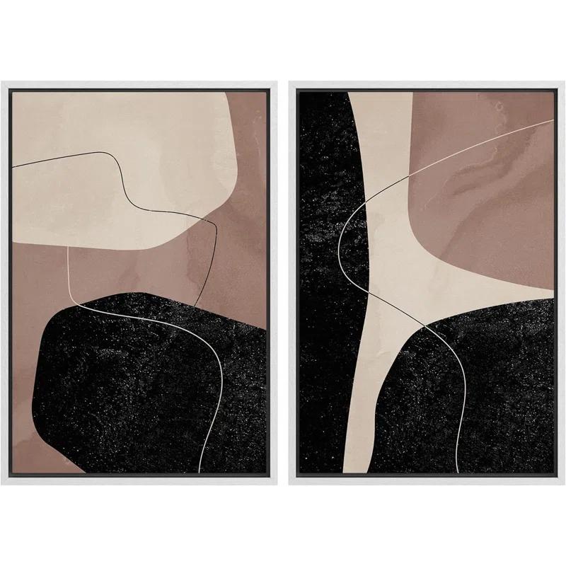 Mid Century Shape "Brown And Black Abstract Neutral Line Chic Framed Canvas Print 2 Pieces Wall Art