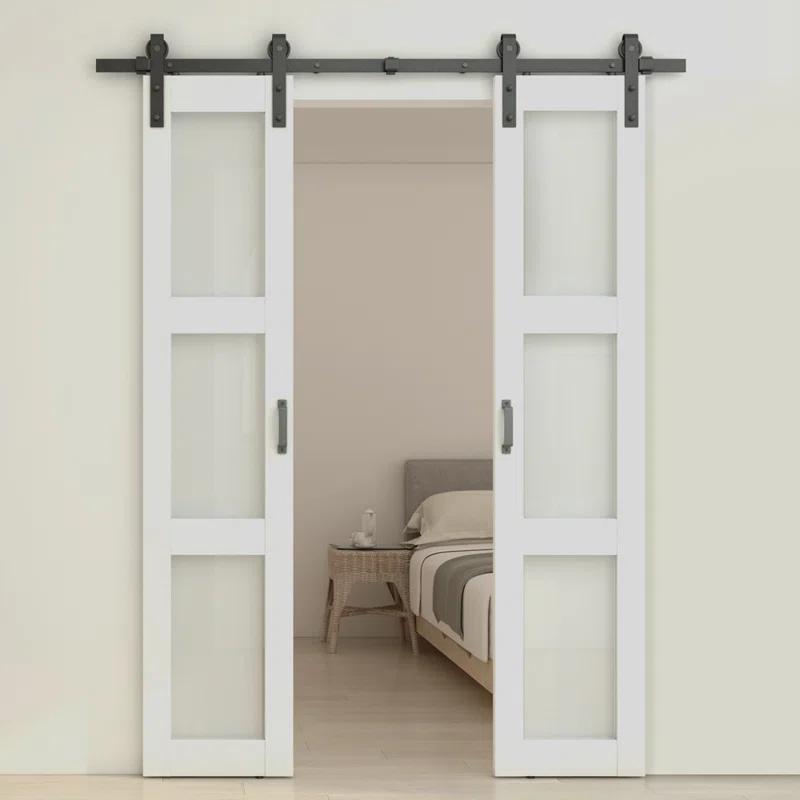 Calhome 3-Lite Tempered Frosted Glass White Finished Composite Double Sliding Barn Door with Hardware Kit Handle