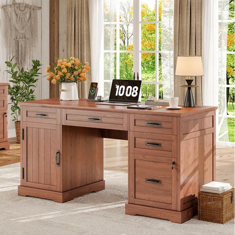 August Grove® Clabe 55'' Farmhouse Executive Desk with Drawers, File Cabinet and Power Outlets