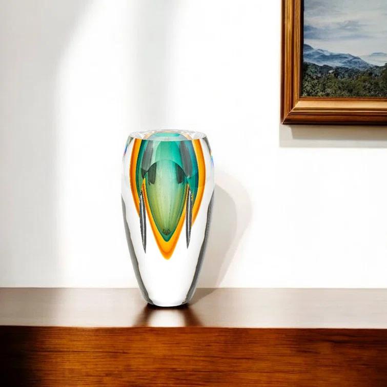 95" Mouth Blown Amber and Green Art Glass Vase