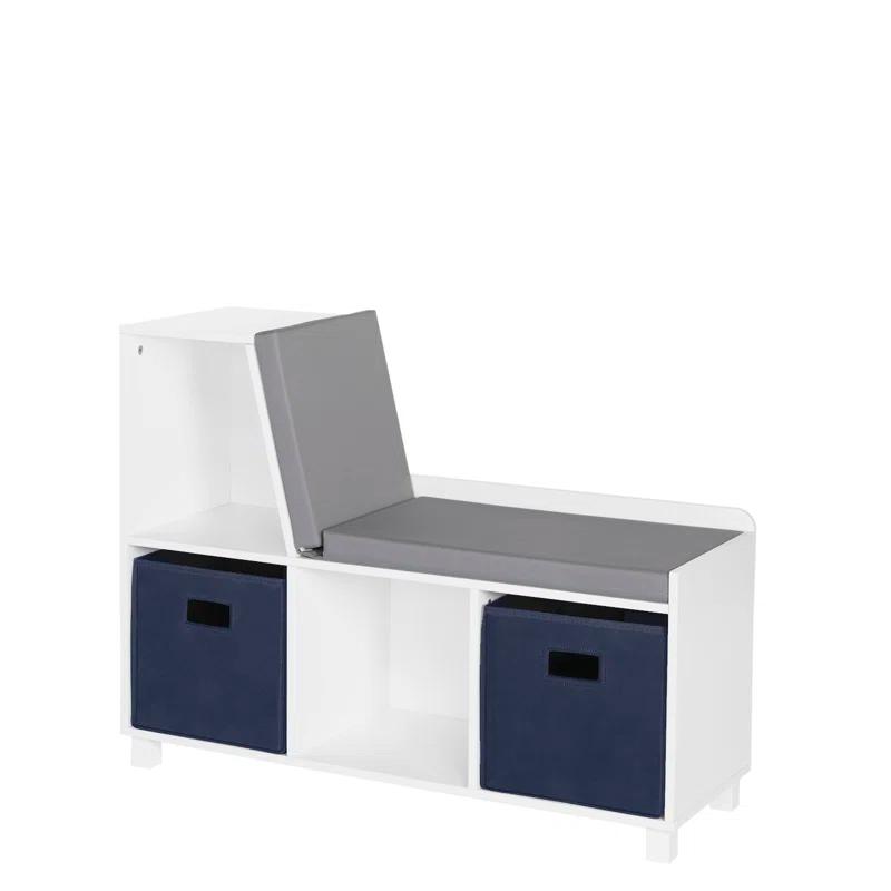 RiverRidge Home RiverRidge Kids Reading Book Nook Cushioned Toy Storage Bench with Cubby Organizers and 2 Fabric Bins- White
