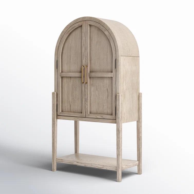 Drifted Oak and Antique Brass Arched Bar Cabinet