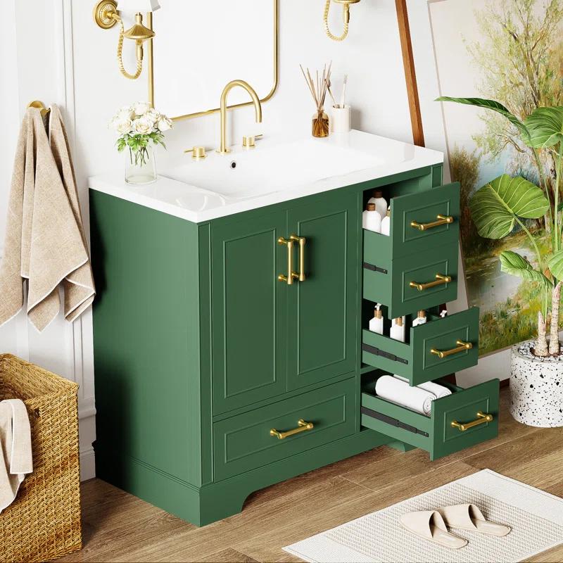 LOONGFIELD 36-Inch Traditional Bathroom Vanity With Resin Sink Combo Set Bathroom Cabinet With Two Doors And Four Drawers