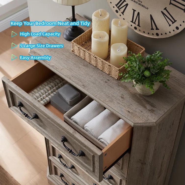 Laurel Foundry Modern Farmhouse® Theron Farmhouse 5 Drawer Bedroom Dresser, Wood Tall Chest of Drawers, Closet Storage for Bedroom