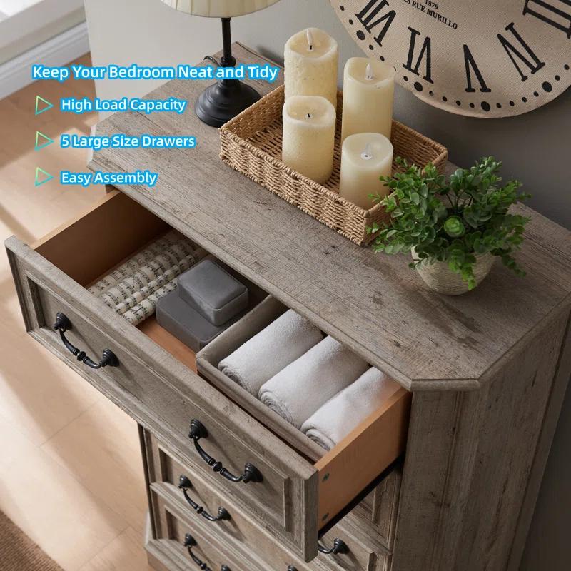 Laurel Foundry Modern Farmhouse® Theron Farmhouse 5 Drawer Bedroom Dresser, Wood Tall Chest of Drawers, Closet Storage for Bedroom