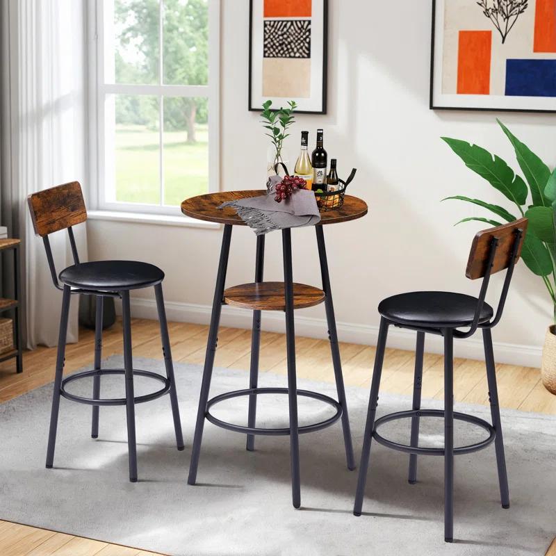 17 Stories Rustic Charm Bar Set,Weather-Resistant 3-Piece Bistro Table & Stools with Plush Backrests – Perfect for Cozy Outdoor Dining