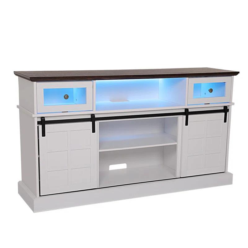 Farmhouse TV Stand W/LED Light, White TV Stand For 65 Inch Tvs, Entertainment Center TV Cabinet Stands With Flip Drawers, Sliding Barn Door TV Center Media Console Table For Living Room Bedroom