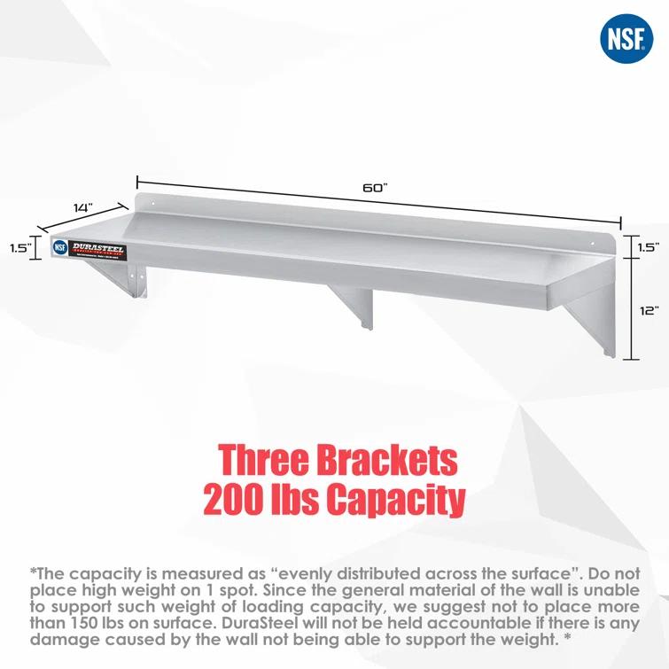 DuraSteel Stainless Steel Wall Shelf - 72" Wide x 14" Deep Commercial Grade - NSF Certified