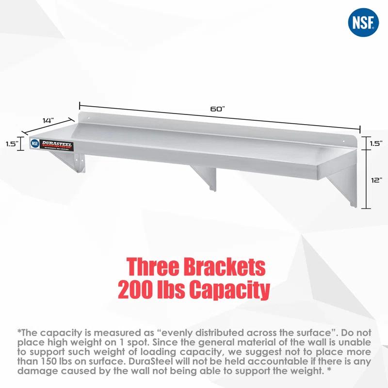 DuraSteel Stainless Steel Wall Shelf - 72" Wide x 14" Deep Commercial Grade - NSF Certified