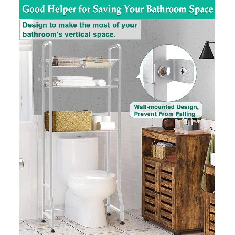 Over The Toilet Storage Shelf For Bathroom, 3-Tier Above Toilet Rack Bathroom Organizer With Adjustable Shelves And Hanging Hooks, Easy To Assemble & Space Saving, White