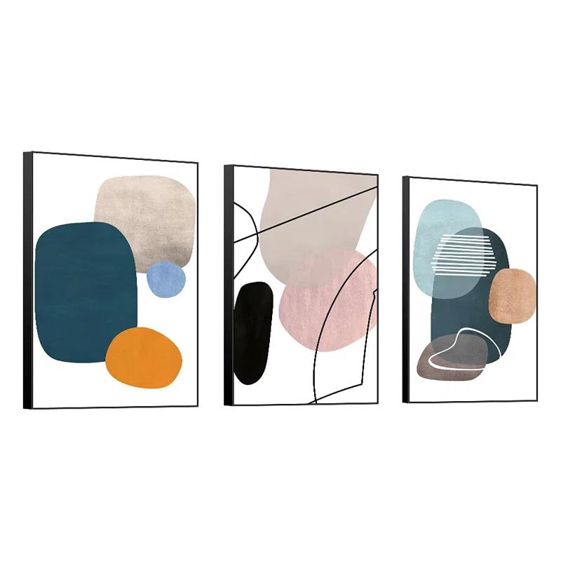 Ivy Bronx Wall Art 3 Pieces Of Framed Decorative Paintings Abstract Simple Orange White Blue And Other Color Blocks Wall Art Canvas Prints Home Decoration