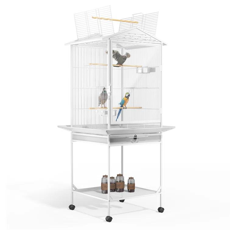 Bring Home Furniture Open Top Bird Cage with Play Area Removable Tray Wooden Perches, and Wheels Suitable for Small Birds Like Budgies Cockatiels and Parakeets