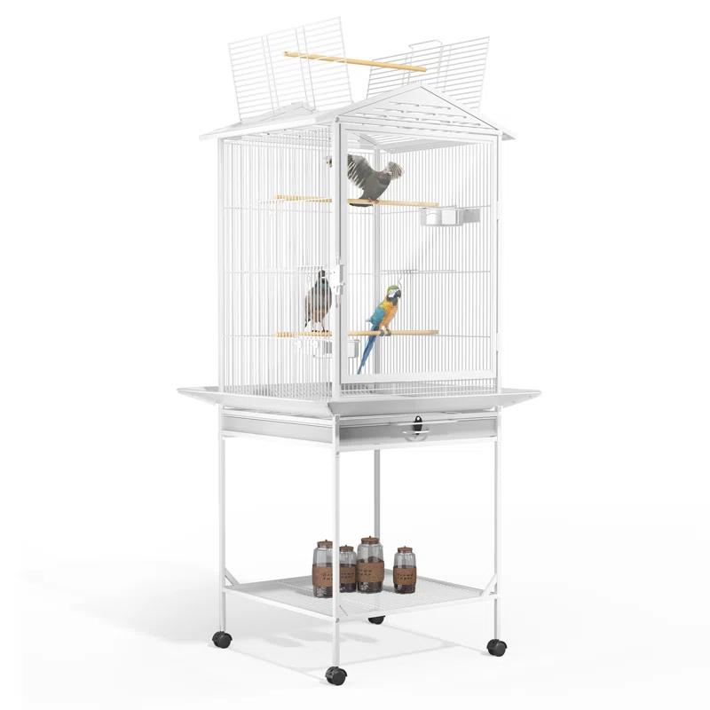 Bring Home Furniture Open Top Bird Cage with Play Area Removable Tray Wooden Perches, and Wheels Suitable for Small Birds Like Budgies Cockatiels and Parakeets