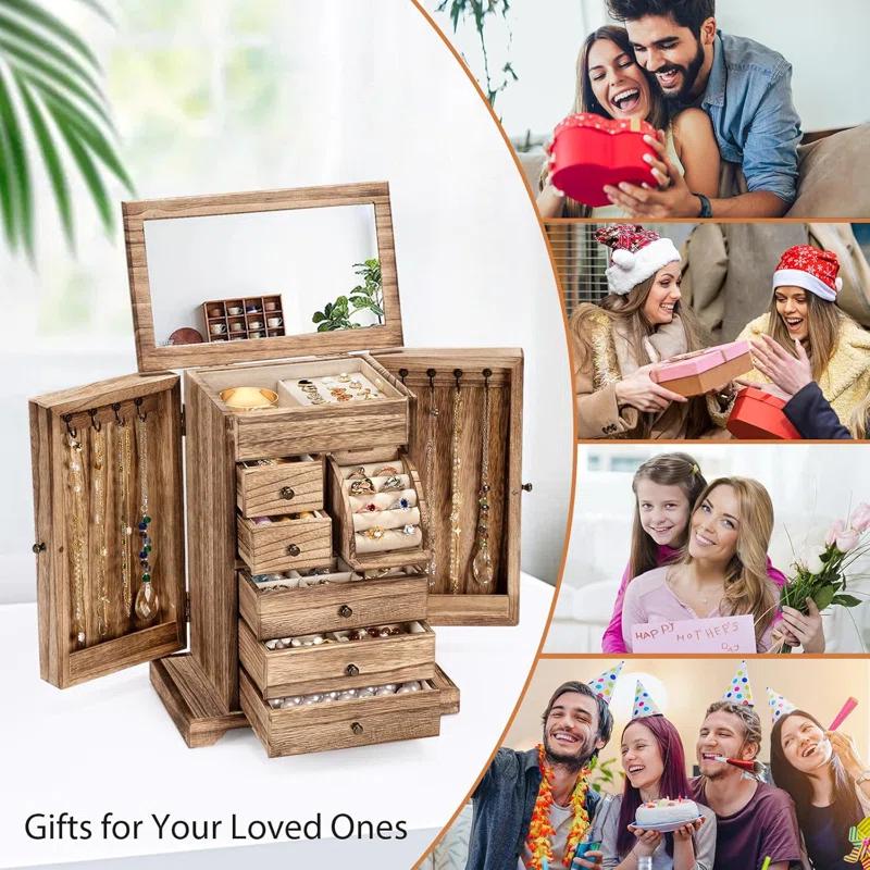 Loon Peak® Jewelry Box, Rustic Wooden Jewelry Boxes & Organizers With Mirror & Drawers,6 Layer Jewelry Organizer Box For Rings Earrings Necklaces Bracelets (Carbonized Black)