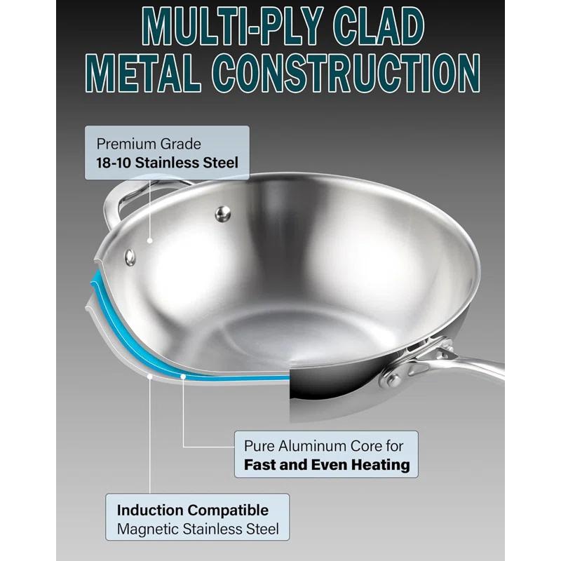 Cooks Standard Cooks Standard Multi-ply Clad Stainless Steel Wok Stir Fry Pan, 10.5 Inch Induction Wok With Lid, Flat Bottom Wok, Silve