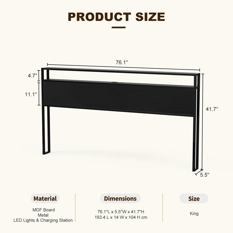 Kaiwei Storage Headboard With Led Lights & Charging Station - Industrial Metal And Wood