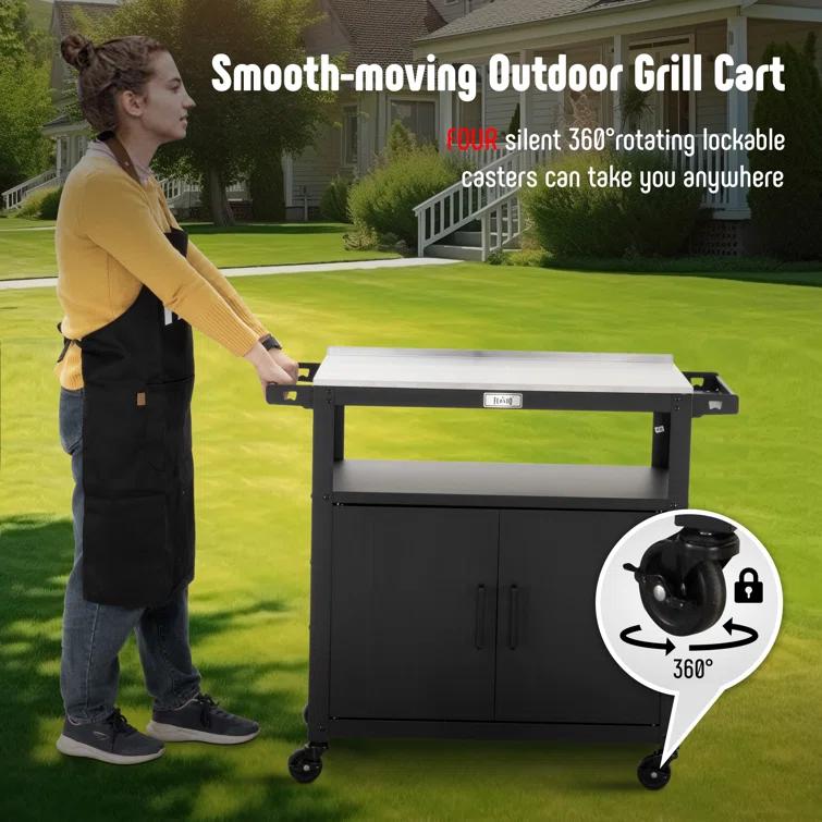 Feasto Feasto 35''H x 32''W Cabinet Utility Cart with Wheels, Outdoor Grill Cart, Rolling Kitchen Cart for BBQ Food Prep