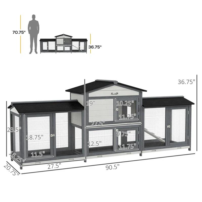 One Allium Way® 90.5" Wooden Rabbit Hutch Bunny Cage Pet Playpen House Enclosure with Double Side Run Boxes, No Leak Tray, Ramp, for Guinea Pig and Small Animals