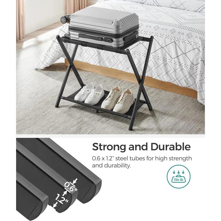 BINO Luggage Rack For Guest Room, Suitcase Stand With Storage Shelf, Steel Frame, Foldable For Easy Storage, Hotel, Bedroom, Black