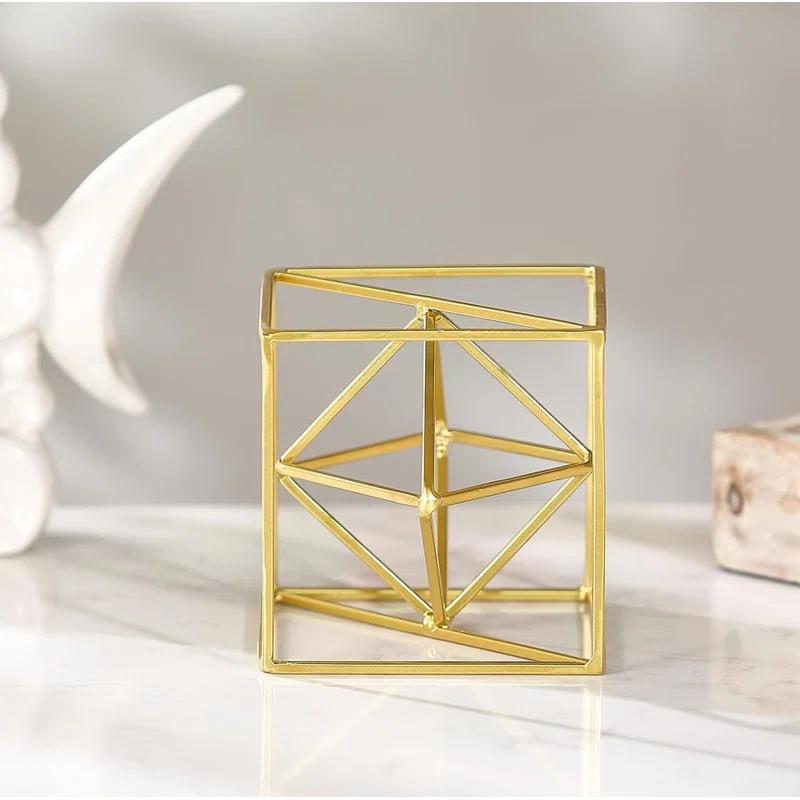 2024 Gold Metal Geometric Orb Sculpture - 4.72" Modern Square Abstract Decor for Home & Office