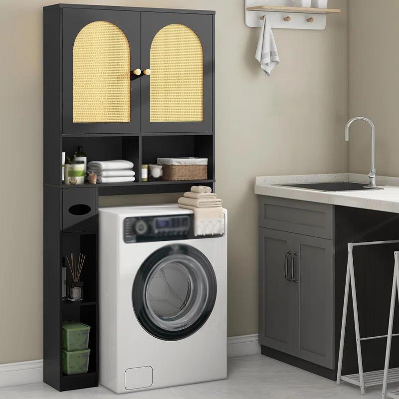 Bayou Breeze Over The Toilet Storage Cabinet, Rattan Storage Cabinet with 2 Doors & Toilet Paper Holder Stand, Freestanding Toilet Rack Space Saving and Adjustable Shelf