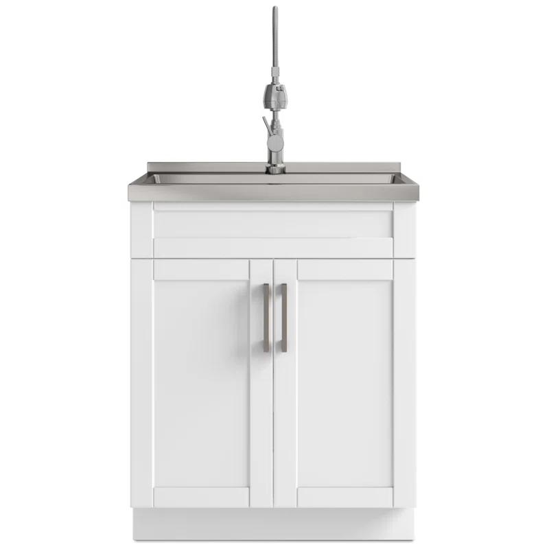 Simpli Home AXCLDYHEN28-SS Hennessy  All-in-One 28-inch Utility Sink & Cabinet in Pure White