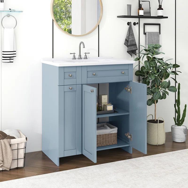 HLILish 30-Inch Bathroom Vanity With Ceramic Sink Combo, Abundant Storage Cabinet - 2 Soft Close Doors And Double-Tier Deep Drawer