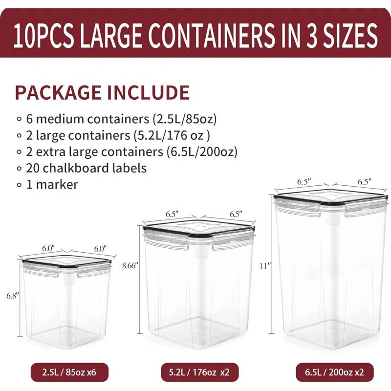 Prep & Savour Large Airtight Food Storage Containers With Lids, 10PCS Plastic Cereal Storage Containers, Kitchen & Pantry Organizers And Storage For Sugar, Flour, Baking Supplies With Lables & Mark