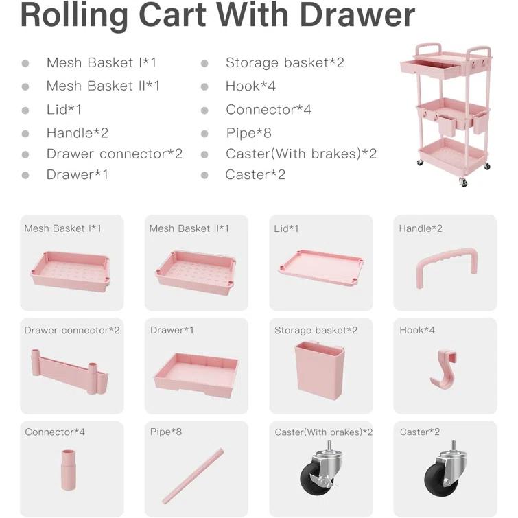 Ebern Designs 3 Tier Rolling Utility Cart With Drawer,utility Cart Made Of Multifunctional Storage Organizer Tool For Kitchen,bathroom,living Room,office