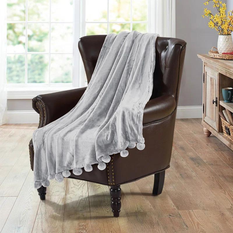 Home Soft Things Flannel Fleece Pom Pom Blanket