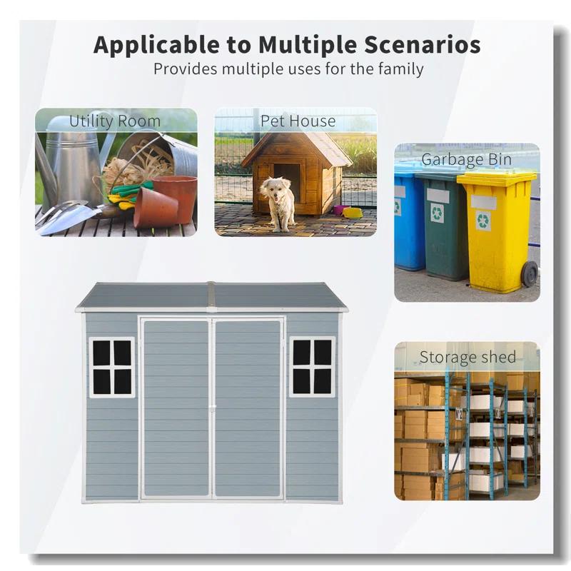 Tryimagine 8 X 6 Ft Resin Outdoor Storage Shed Waterproof Shed With Floor & Two Windows & Lockable Door, Tool Shed For Garden, Patio, Backyard