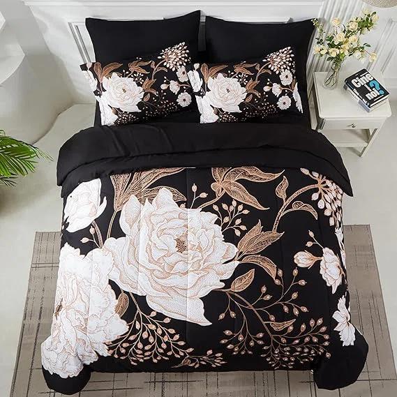 DANTUL 7 Piece Bed In A Bag Queen Comforter Set Botanical Floral Bedding Set,White Flowers Leaves Printed On Black Reversible Design,Soft Microfiber Comforter With Sheet Set,All Season