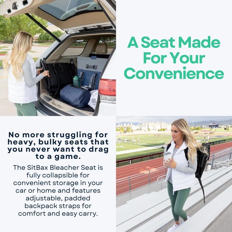Sitbax SitBax Black Padded Bleacher Seat – The Ultimate Reclining Stadium Chair with Full Back & Neck Support and 360° Swivel – Lightweight, Foldable, and Portable with Backpack Straps - Patent Pending