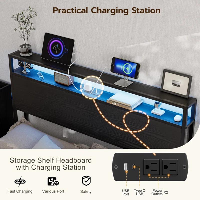 Ivy Bronx Kaiwei Storage Headboard With Led Lights & Charging Station - Industrial Metal And Wood