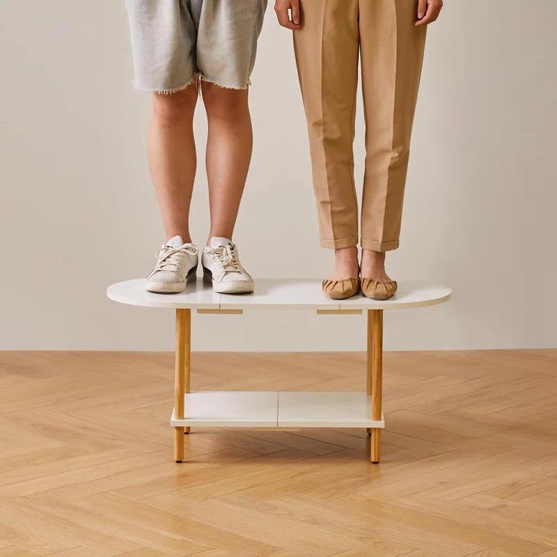 Latitude Run® Oval Coffee Table White, Small Wooden Coffee Table For Small Space, Splicing Design 35 * 16 * 17In, 2 Tier Center Table For Living Room White