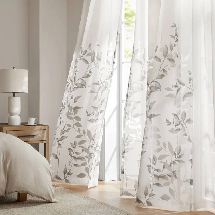 Madison Park Cecily Floral Printed Burnout Sheer Grommet Single Curtain Panel